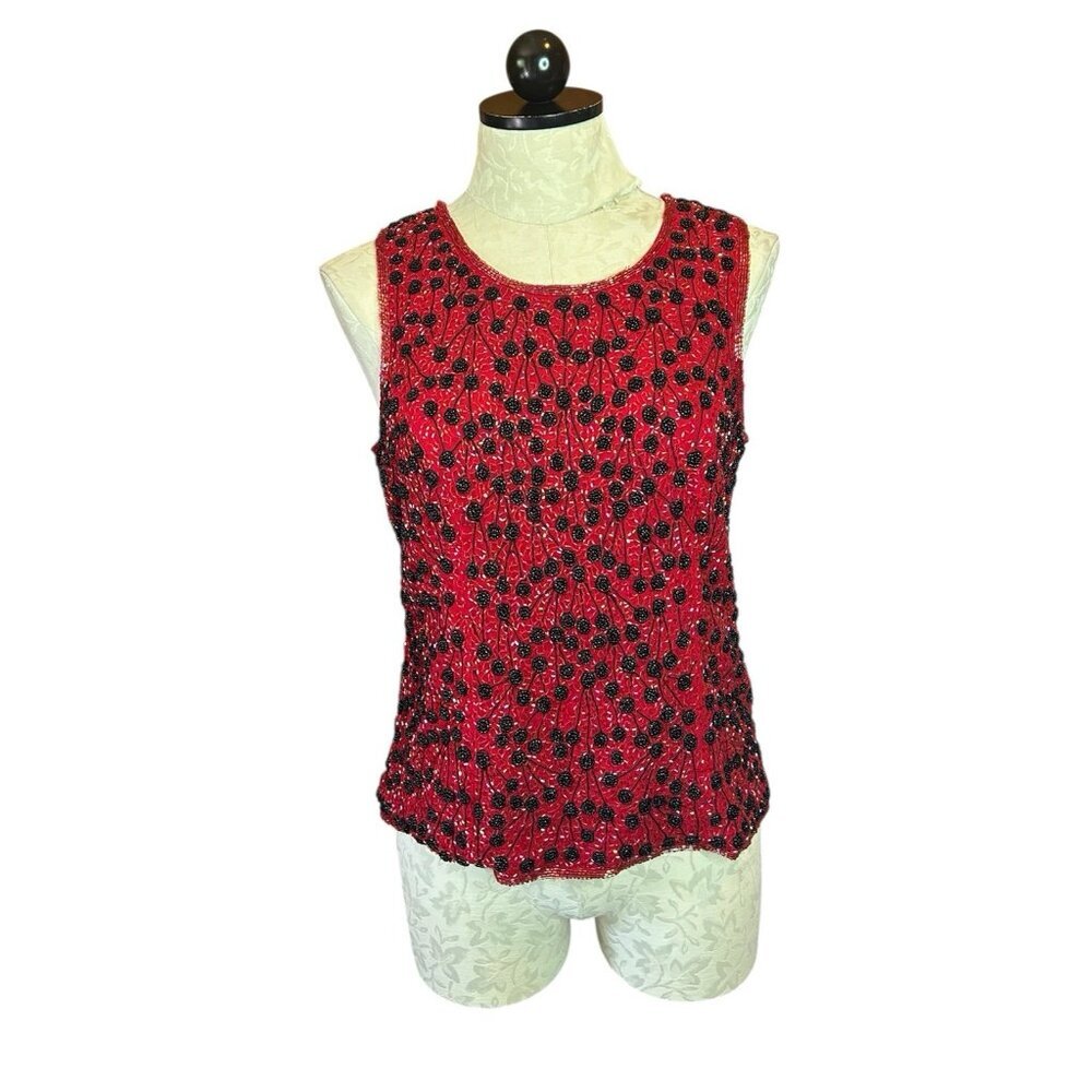 Pave VTG Embellished Beaded Sleeveless Tank Blouse Red Glam Womens M‎ Red Shell